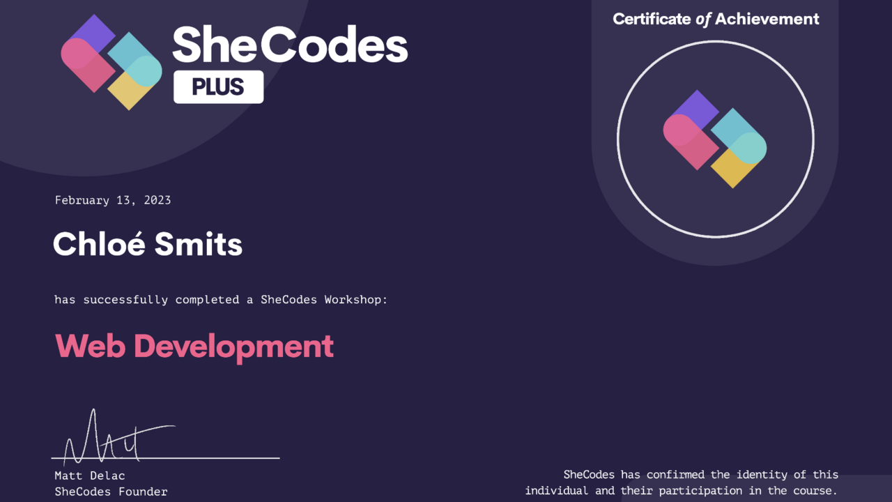 SheCodes certificate